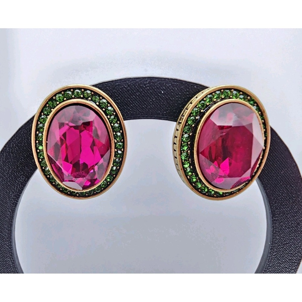 Heidi Daus Oval Rhinestone Signature Accent Halo Omega Back Earrings Pink Green